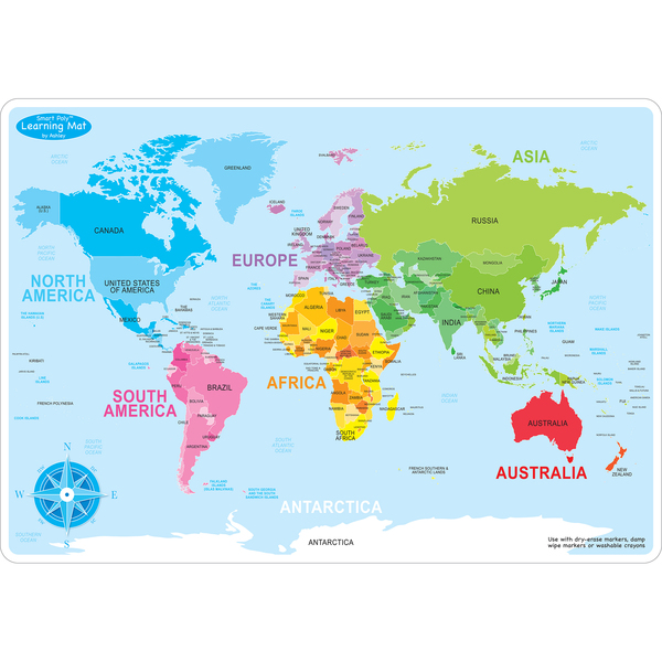 Ashley Productions Smart Poly Learning Mat, 12in. x 17in., Double-Sided, World Basic Map 95002